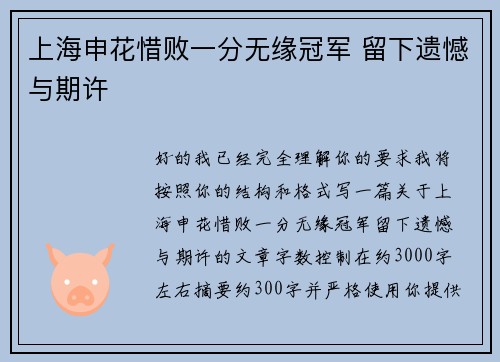 上海申花惜败一分无缘冠军 留下遗憾与期许