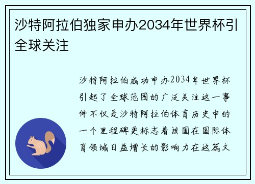 沙特阿拉伯独家申办2034年世界杯引全球关注 沙特阿拉伯独家申办2034年世界杯引全球关注